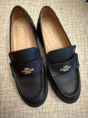Coach Black Leather Penny Loafers with Gold Logo